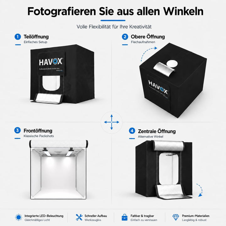 HAVOX - Fotostudio HPB-40D - Masse 40x40x40cm - Dimmbare LED-Beleuchtung Tageslicht 5500k - 13,000 L