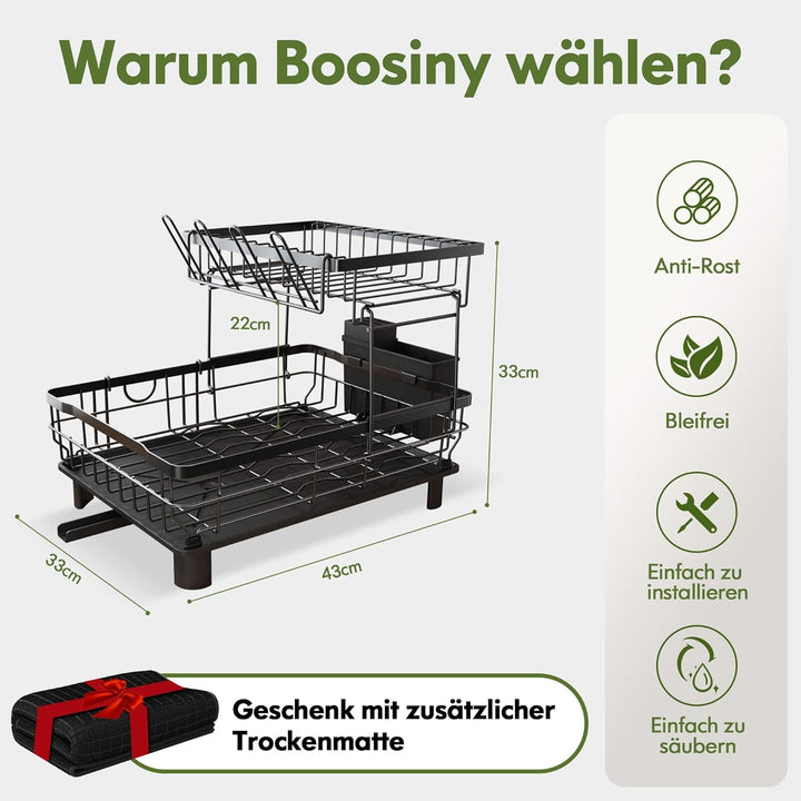 Boosiny Abtropfgestell Geschirr, Edelstahl-Geschirrabtropfgestell für Küchentheke mit Utensilienhalt