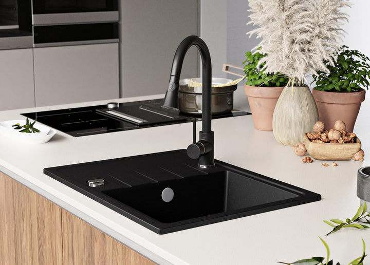 Granitspüle Schwarz 62x50 cm, Spülbecken + Ablauf-Set + Küchenarmatur 9050, Küchenspüle für 40er Unt
