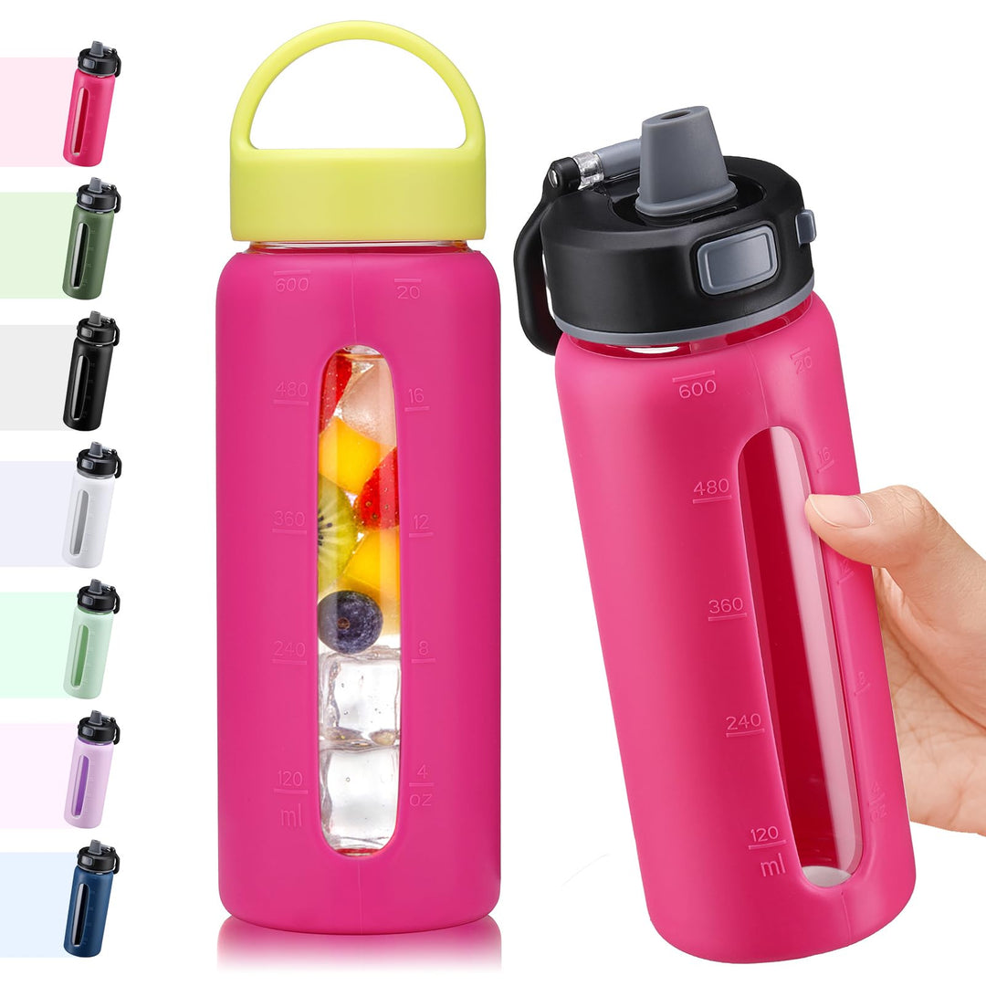 BLUEGO 600ml Glas Wasserflasche mit 2 Deckeln- One-Touch Verschlussdeckel und Griffdeckel Wiederverw
