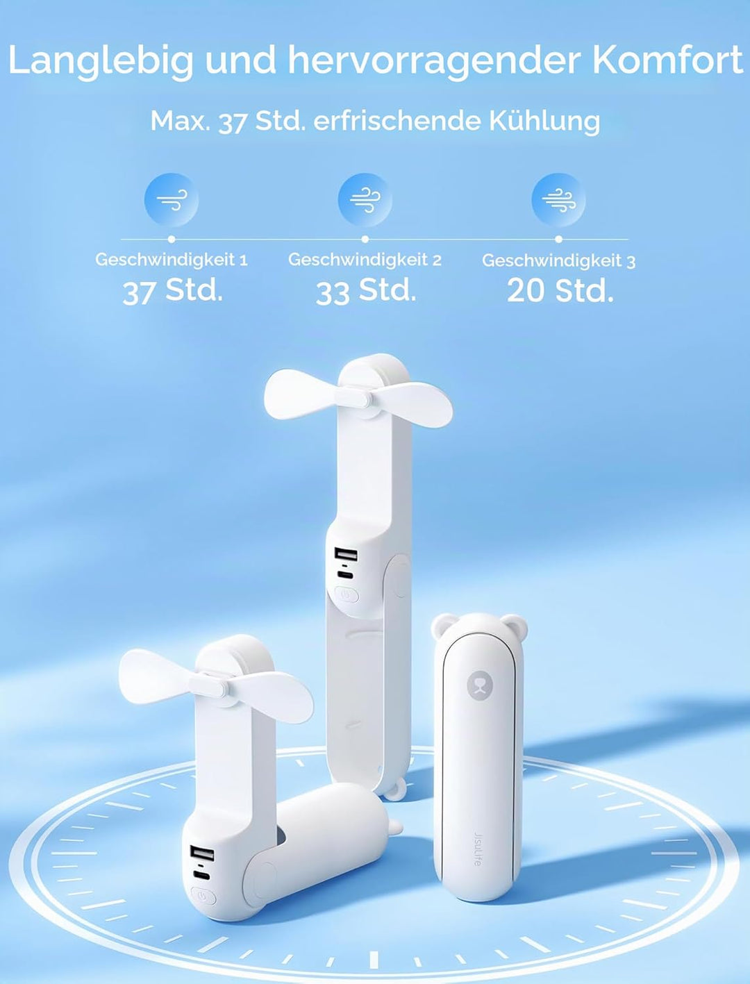 JISULIFE Handventilator Mini Ventilator 3 IN 1, mit 4500 mAh Powerbank USB Akku Klein Ventilator, Ba