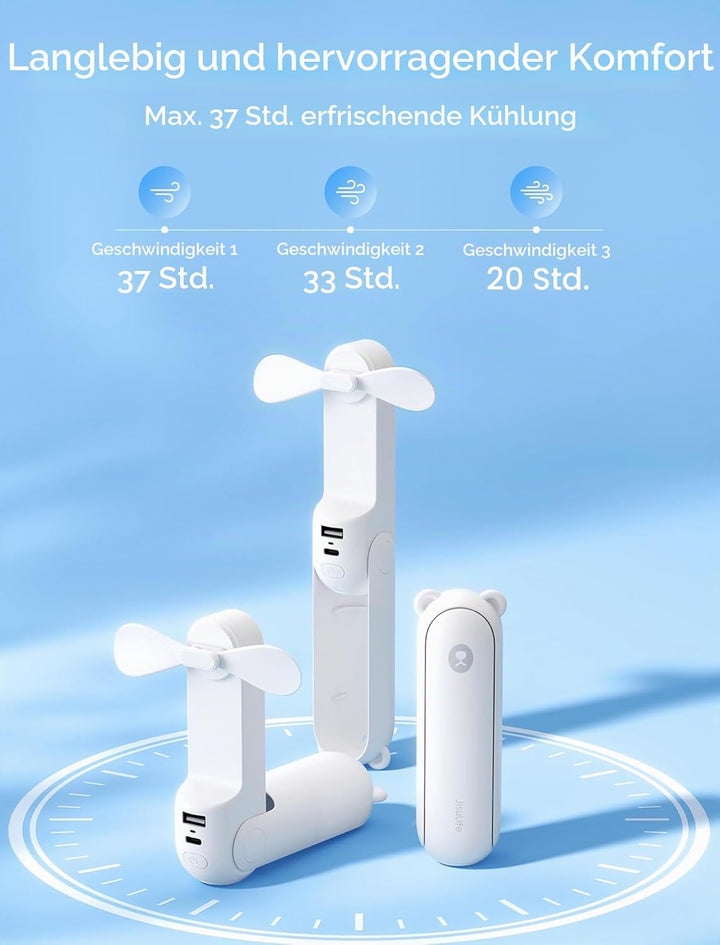 JISULIFE Handventilator Mini Ventilator 3 IN 1, mit 4500 mAh Powerbank USB Akku Klein Ventilator, Ba