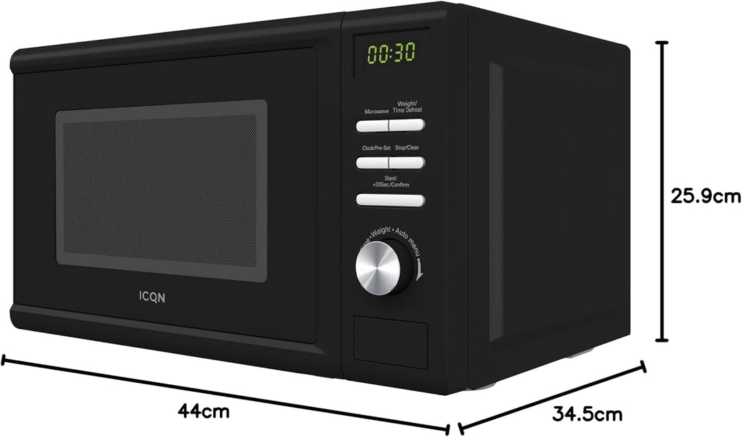 ICQN Mikrowelle, Solo-Mikrowelle, 20 L, 700 W, 5 Leistungsstufen, 8 Automatikprogramme, Gewicht und