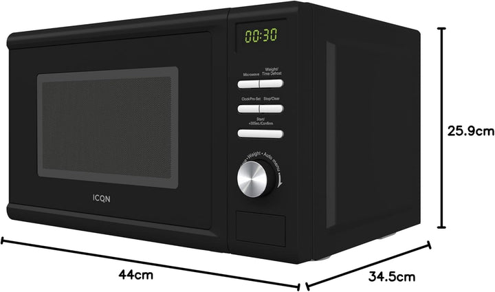 ICQN Mikrowelle, Solo-Mikrowelle, 20 L, 700 W, 5 Leistungsstufen, 8 Automatikprogramme, Gewicht und