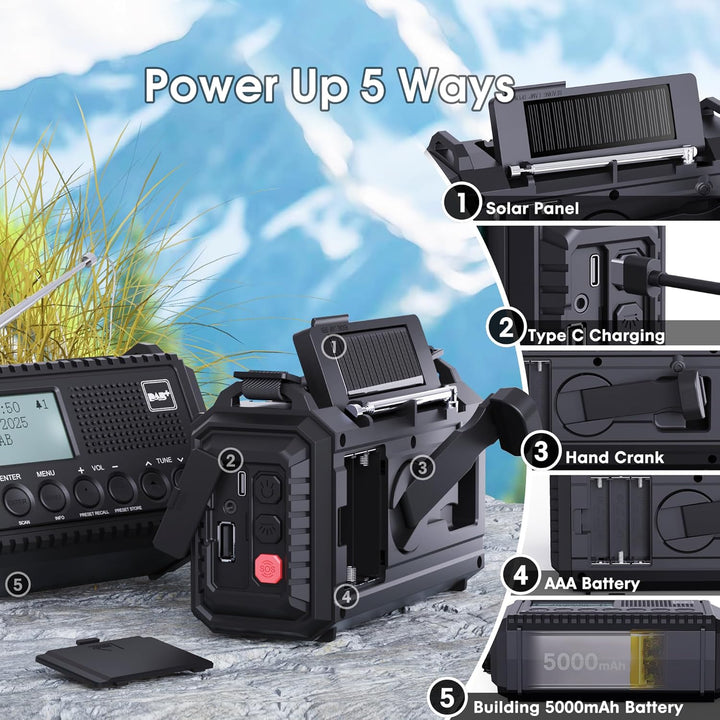 DAB/DAB+/UKW Digitalradio mit Eingebaute 5000mAh Akku Solar Radio Notfallradio mit USB Handyladefunk