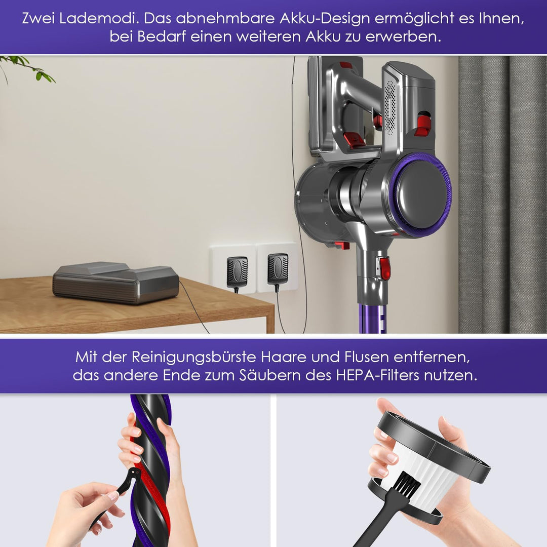 Akku Staubsauger Kabellos, 45000Pa Kabelloser Staubsauger mit Touchscreen, 50Mins, 1.6L, H13 HEPA, A