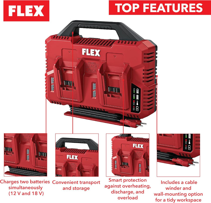 Flex Doppel-Schnellladegerät 12/18 V CA SP 2x12/18 (mit Ladezustandsanzeige, im praktischem Design)