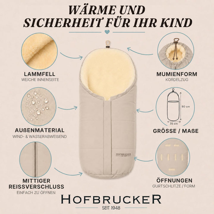 Hofbrucker Lammfell-Fusssack Eskimo für Babyschale, Kinderwagen, Buggy/Universeller Winterfusssack/F