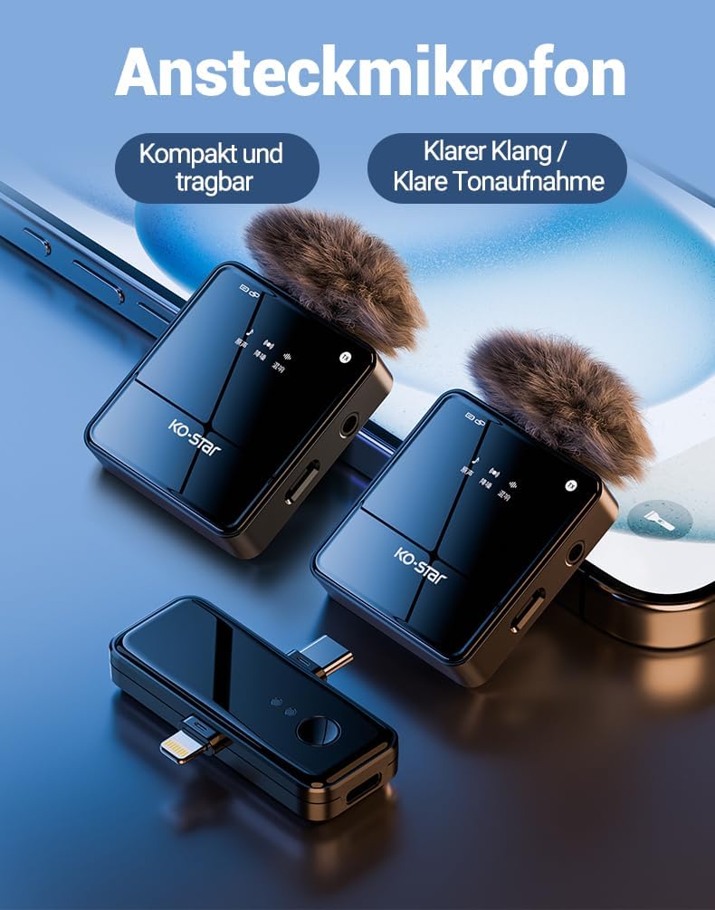 KO-Star M-240T Kabelloses Ansteckmikrofon Set 2,4G (2× Sender + 1× Empfänger) Plug & Play für iPhone