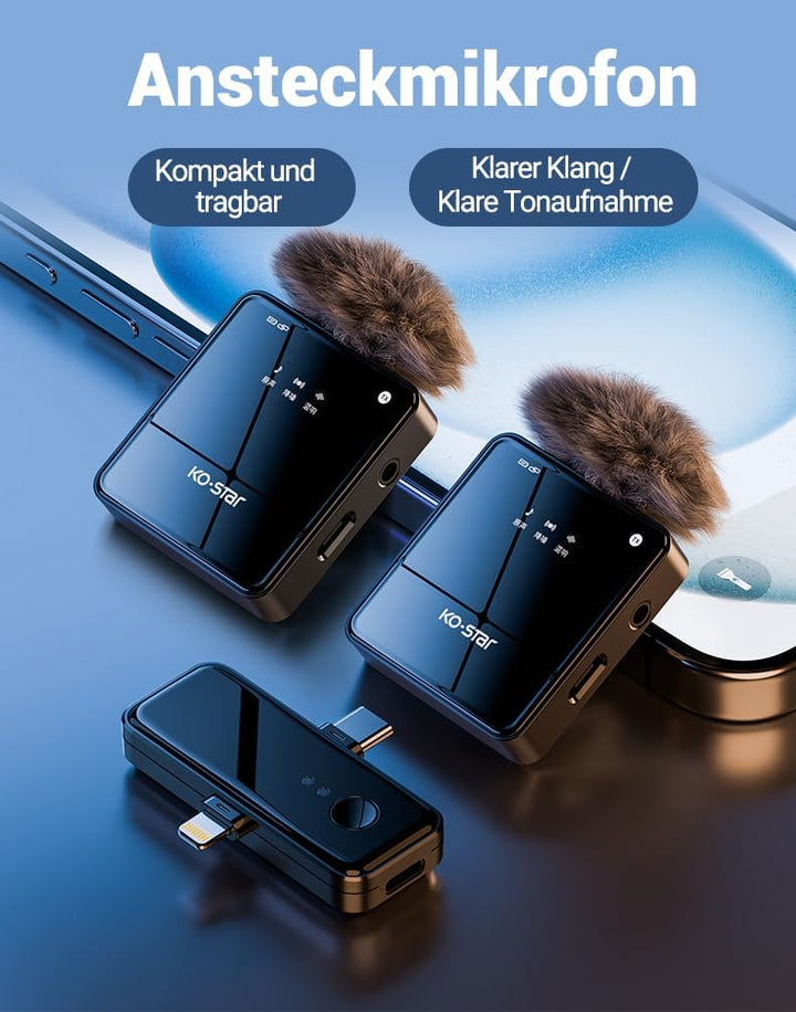 KO-Star M-240T Kabelloses Ansteckmikrofon Set 2,4G (2× Sender + 1× Empfänger) Plug & Play für iPhone