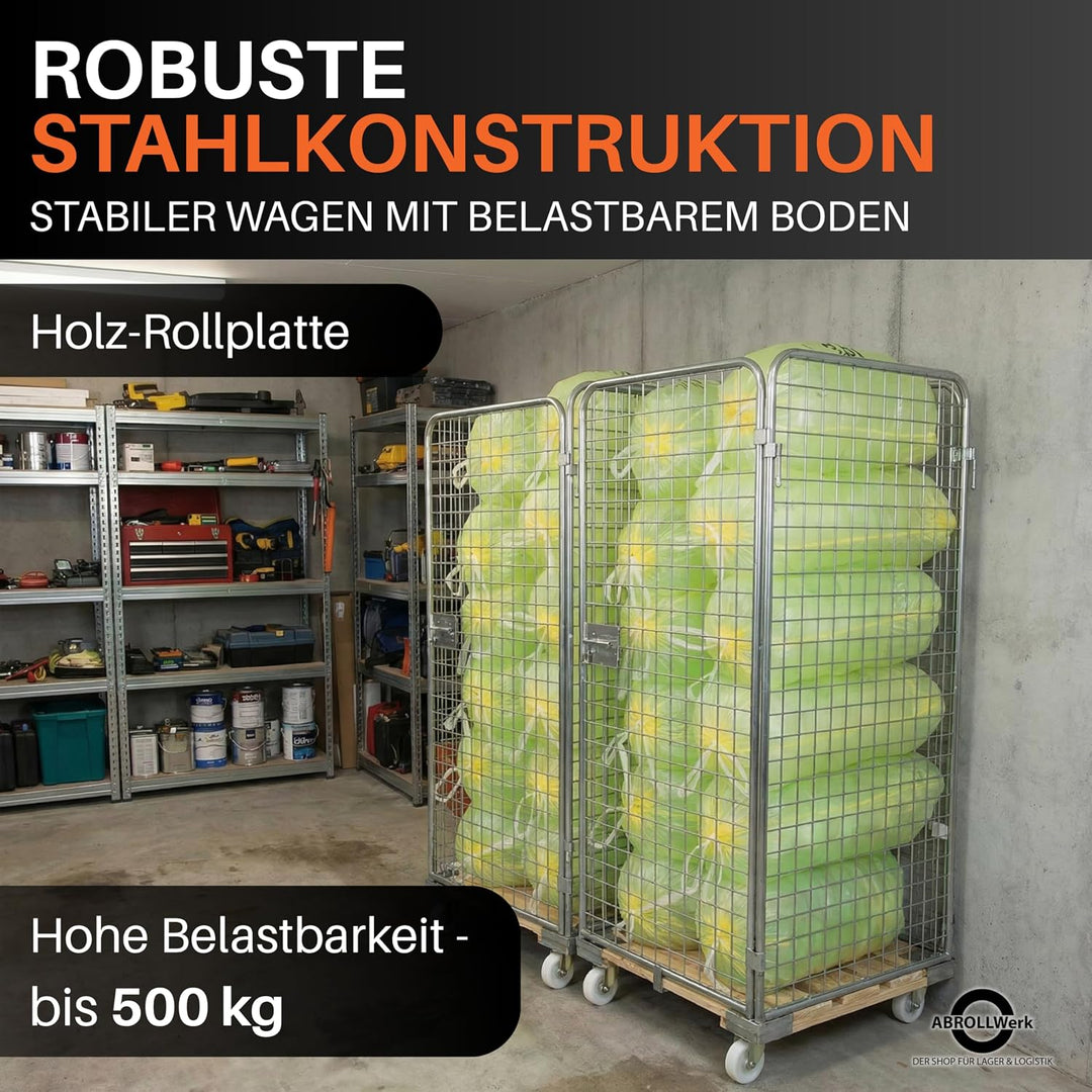 Drahtgitterbehälter mit Holz-Rollplatte – 4-seitiger Gitterwagen mit 1585 mm Nutzhöhe – Robuster Rol