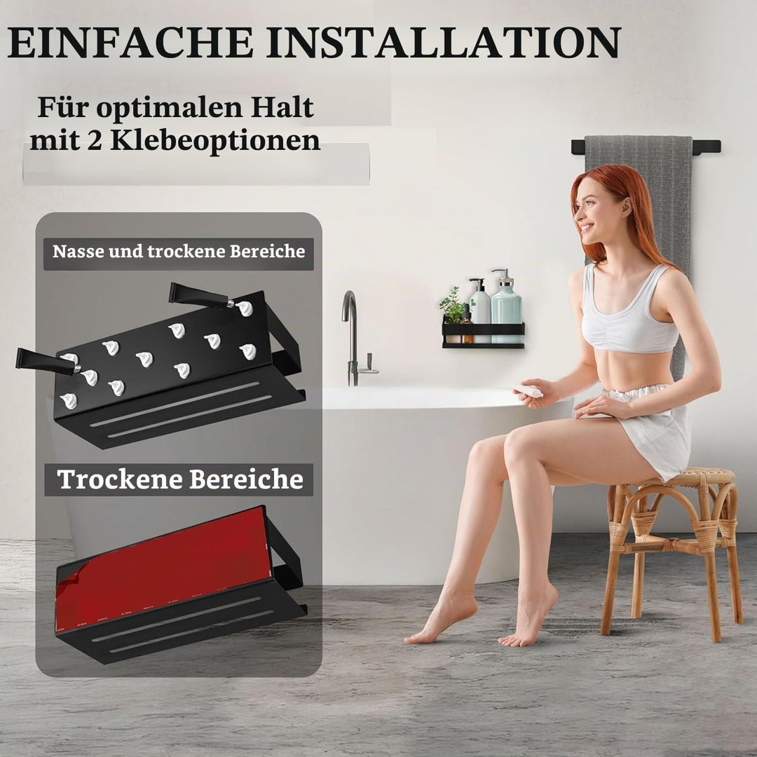Duschregal Ohne Bohren, Edelstahl Duschablage Schwarz Mit 2 Haken Und Rasiererhalter, Shampoo Halter