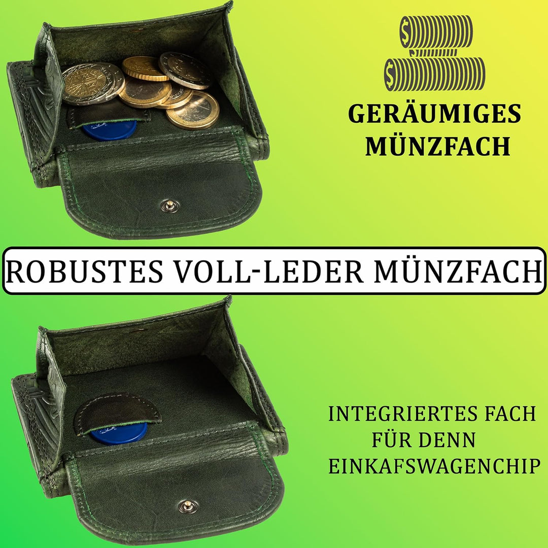 MATADOR Mini Geldtasche Echt Leder Herren Portemonnaie Klein Damen Blumen Muster Grün Klein Geldbörs