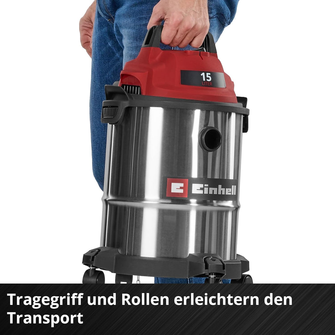 Einhell Nass-Trockensauger TC-VC 1540 S (900 W, 180 mbar Saugleistung, 15 L Edelstahlbehälter, Rolle