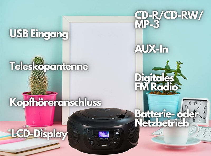 ragbarer CD-Player | | CD/CD-R | USB | FM Radio | AUX-In | Kopfhöreranschluss | Kinder Radio | Boomb