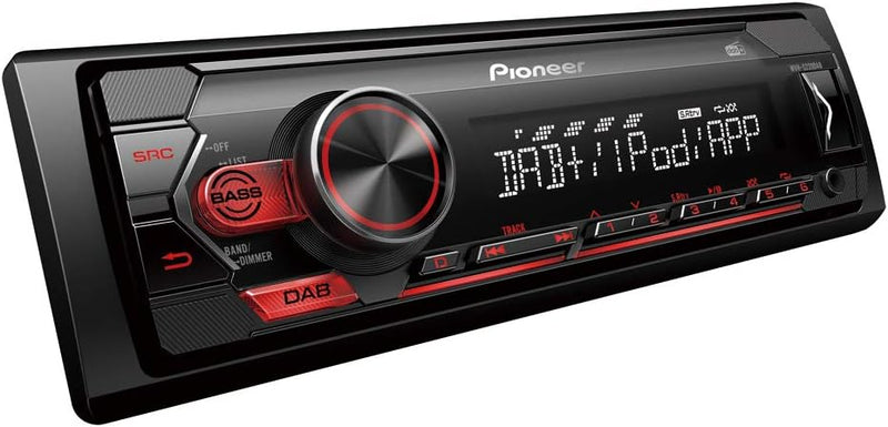 Pioneer MVH-S220DAB, 1DIN Autoradio mit RDS und DAB+, rot, USB für MP3, WMA, WAV, FLAC, AUX-Eingang,