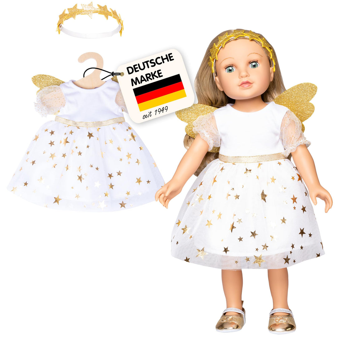 Heless 2152 - Kleid für Puppen im Design Schutzengel, mit goldenen Flügeln und Sternen-Haarband, Grö