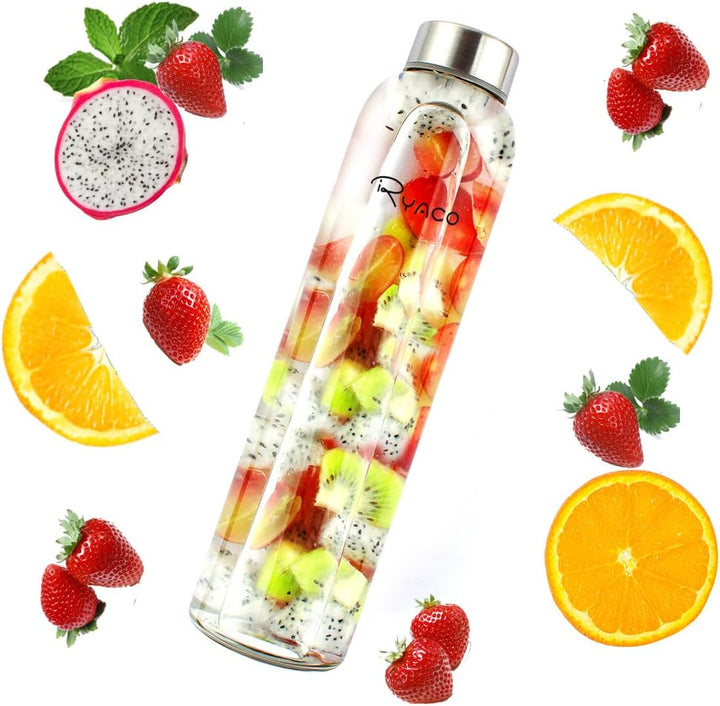 Ryaco Trinkflasche aus Glas 550ml/750ml/1000ml/1L,Glasflasche mit Neoprenhülle,Glastrinkflasche mit