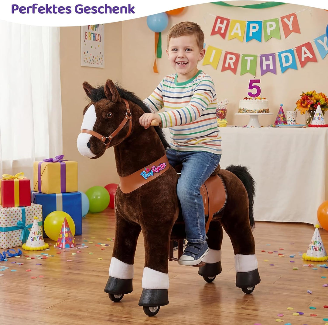 PonyCycle® Schaukelpferd auf Rollen | für Kinder 4–7 Jahre, 89cm | Braunes Plüsch Reitpferd mit Hand