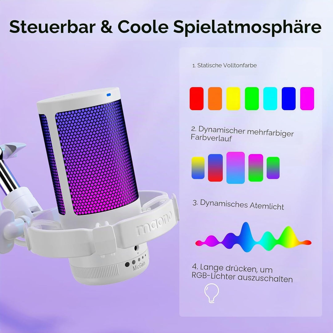 MAONO Gaming Mikrofon, USB Microphone mit RGB-Licht, Geräuschunterdrückung, Stummschaltung, Gain, Ga