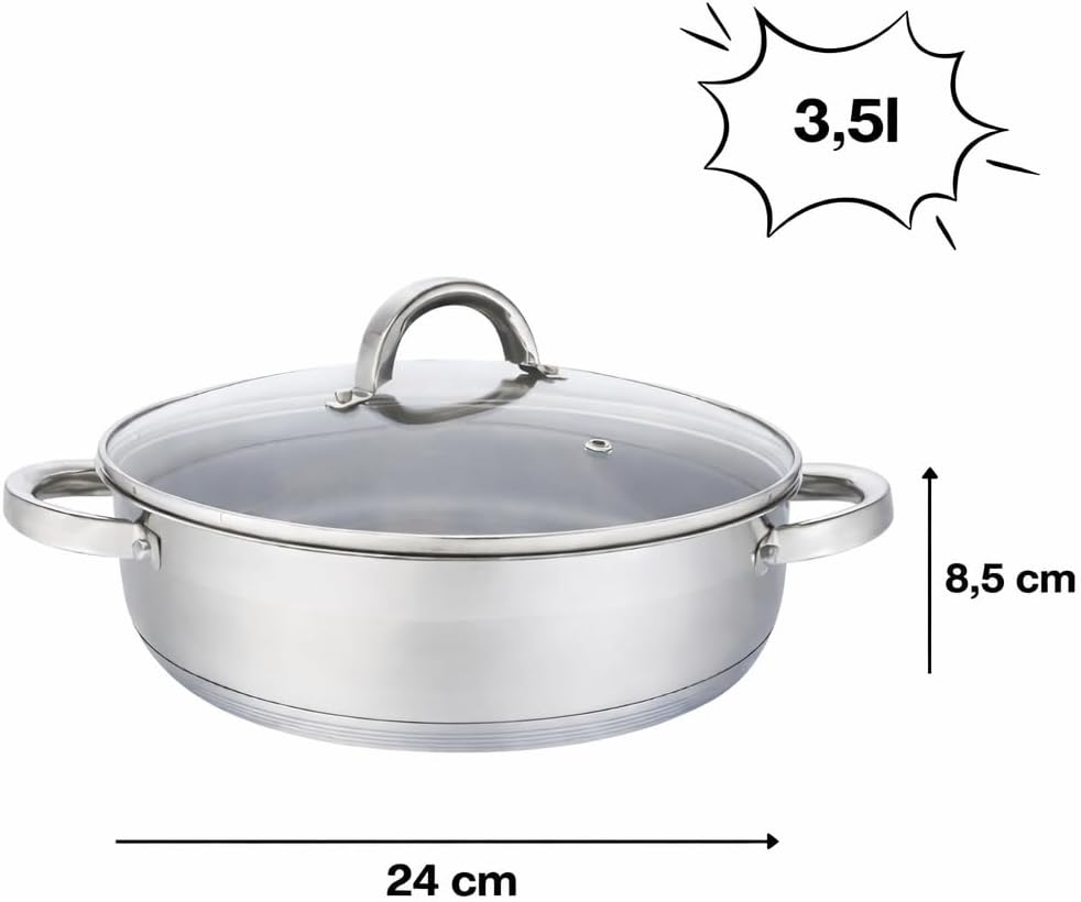 Flach Topf mit Deckel in vielen Grössen Kochtopf Töpfe Induktion Edelstahl (3,5L/∅24cm), 3,5L/Ƞ