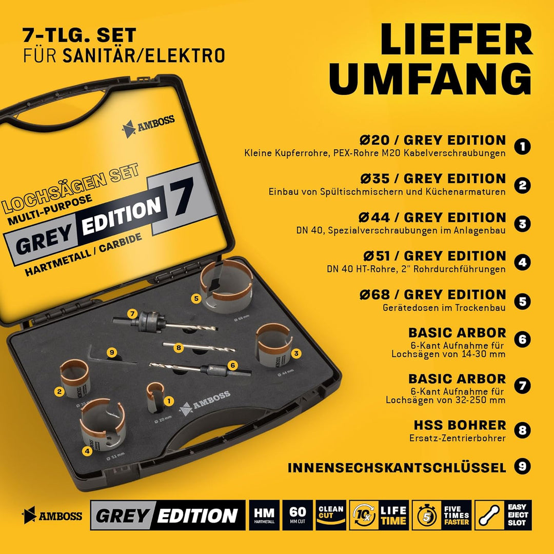 Lochsägen Set 7-tlg. HM Hartmetall Amboss Werkzeuge Grey Edition 20–83 mm – präzise für Holz, Gipska