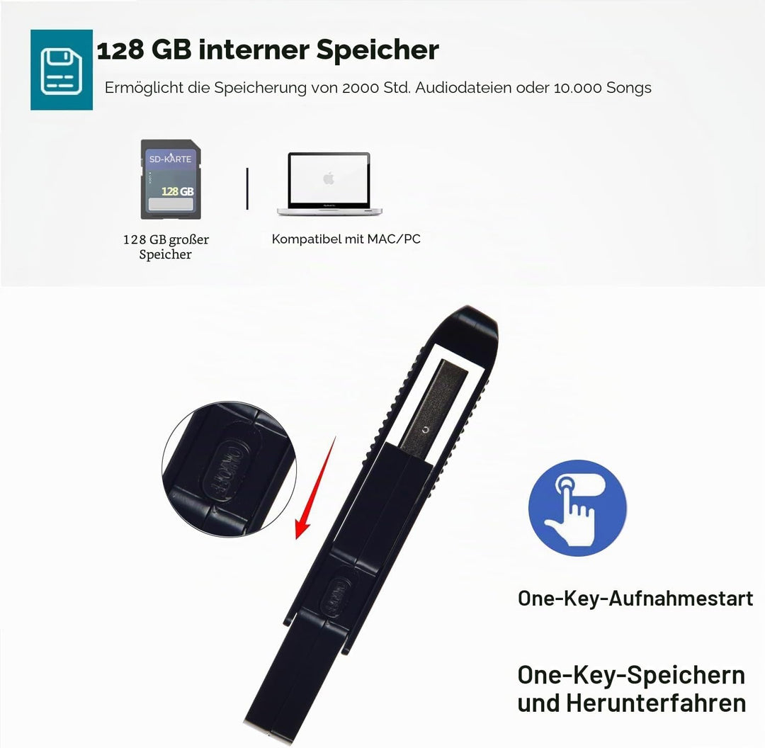 128GB USB Diktiergerät Digital, 3072kbps Aufnahmegerät Voice Recorder mit Spracherkennung und One-To