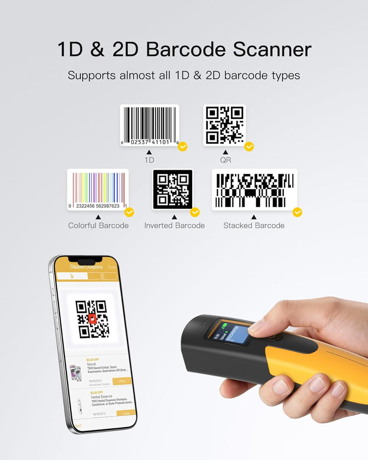 Inateck Barcode Scanner Kabellos 2D mit Display, QR Code Scanner Kleine | 3 in1 Bluetooth & USB Kabe