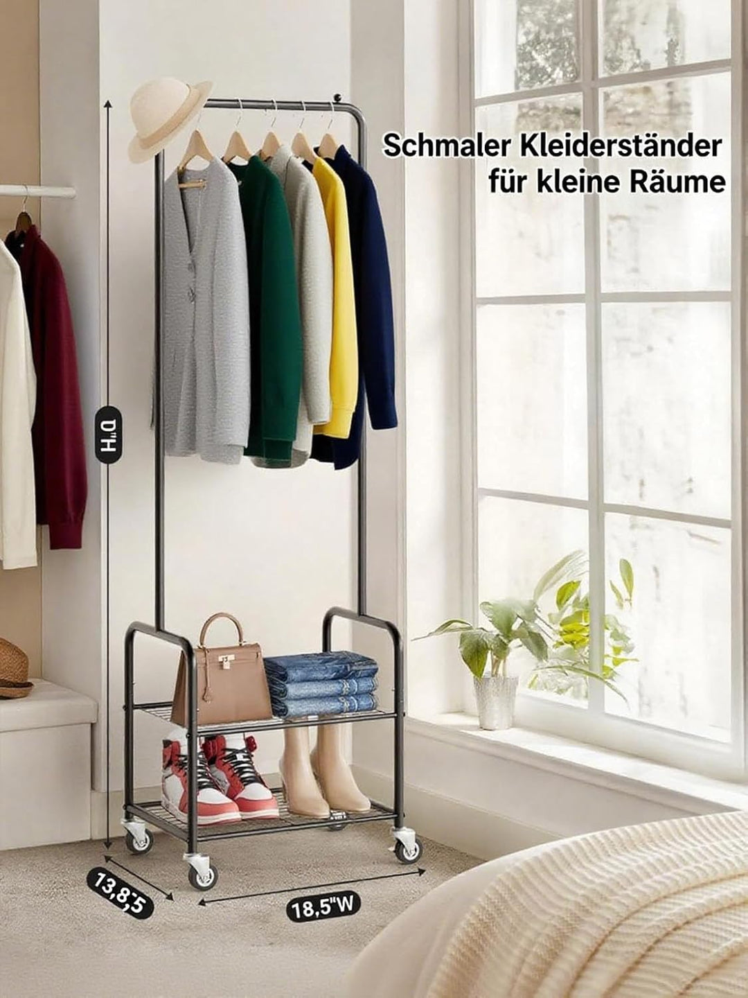 MISSLO Stabil Kleiderständer mit Rollen und Regalen 118 cm Grosse Kleiderstange aus Metall fürs Schl