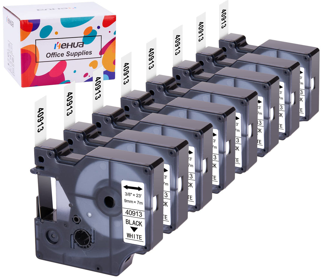 8x Hehua 40913 Etikettenband Ersatz für Dymo D1 9mm x 7m Schwarz auf Weiss | 40913s S0720680 Bänder