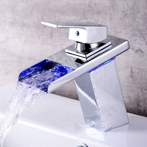 LED Wasserfall Wasserhahn, RGB 3 Farbewechsel Waschtischarmatur Bad Waschbecken mit Temperatursensor