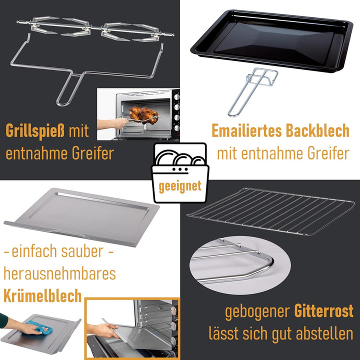 Minibackofen 45 Liter mit Glasfront und 2.000 Watt | Mini Backofen mit Umluft, Drehspiess und Krümel