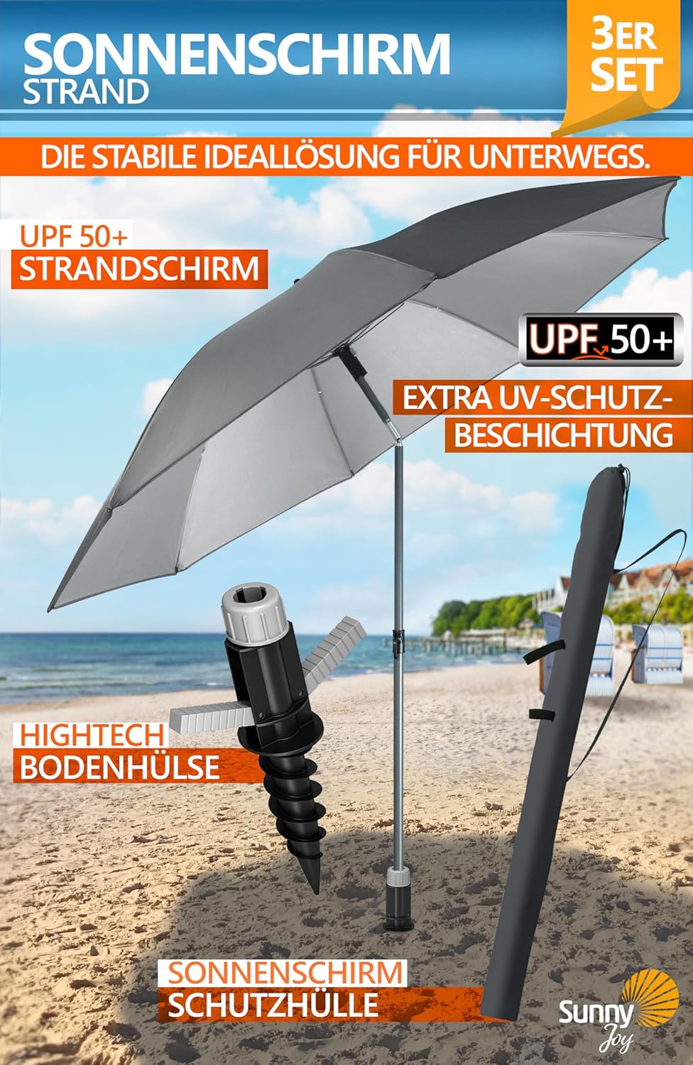 4smile Sonnenschirm Strand SunnyJoy, 3-in-1 SET, Anthrazit - UPF 50+ Strandschirm Ø 160 cm + Sonnens
