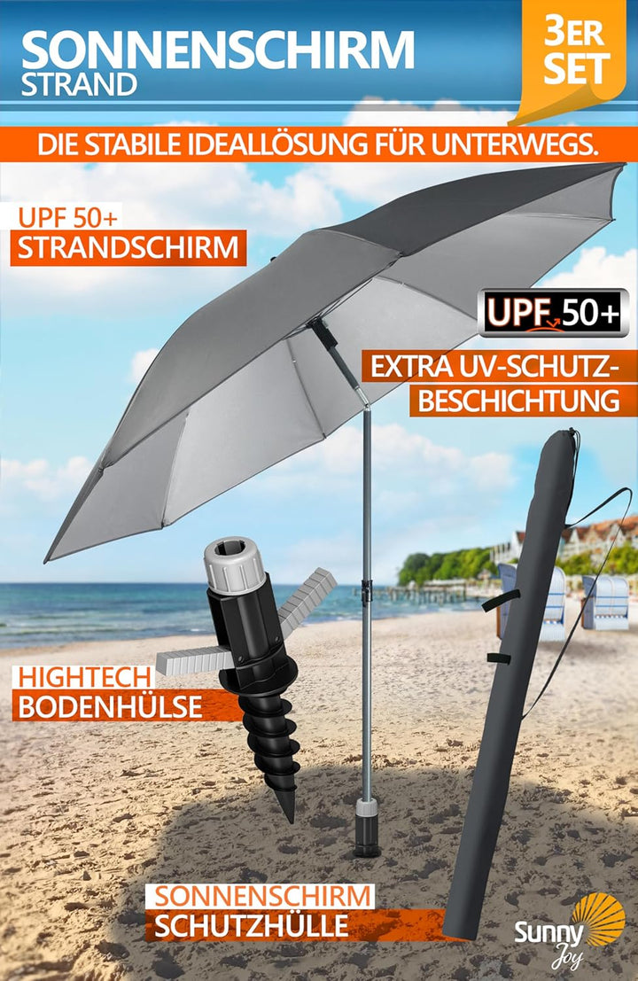 4smile Sonnenschirm Strand SunnyJoy, 3-in-1 SET, Anthrazit - UPF 50+ Strandschirm Ø 160 cm + Sonnens