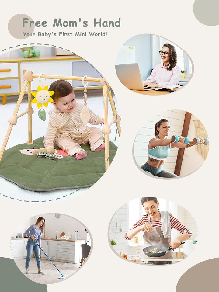 4 IN 1 Blatt Spielbogen Baby, Spielmatte Babies mit Natur Holz Activity Spielbogen, 3 abnehmbaren Sp