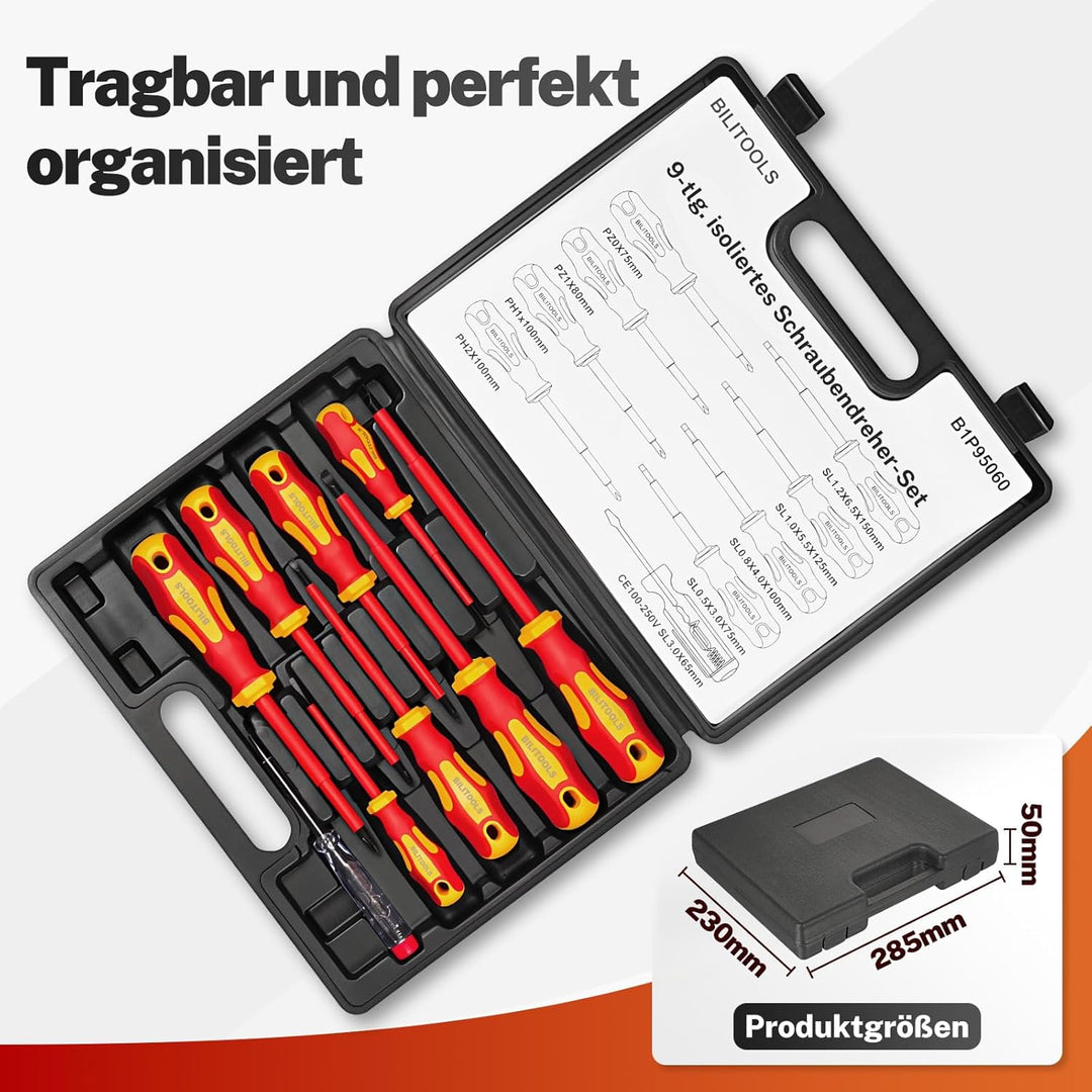BILITOOLS Isoliertes Schraubendreher-Set 9-tlg. VDE 1000V inkl. Spannungsprüfer – Elektriker-Werkzeu