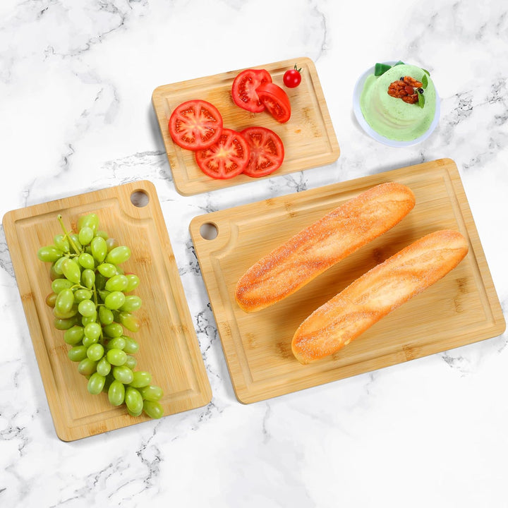 Hunnycook Schneidebrett Holz 3er-Set, Holzbrett Küche mit Tiefen Saftrillen und Eingebauten Griffen,