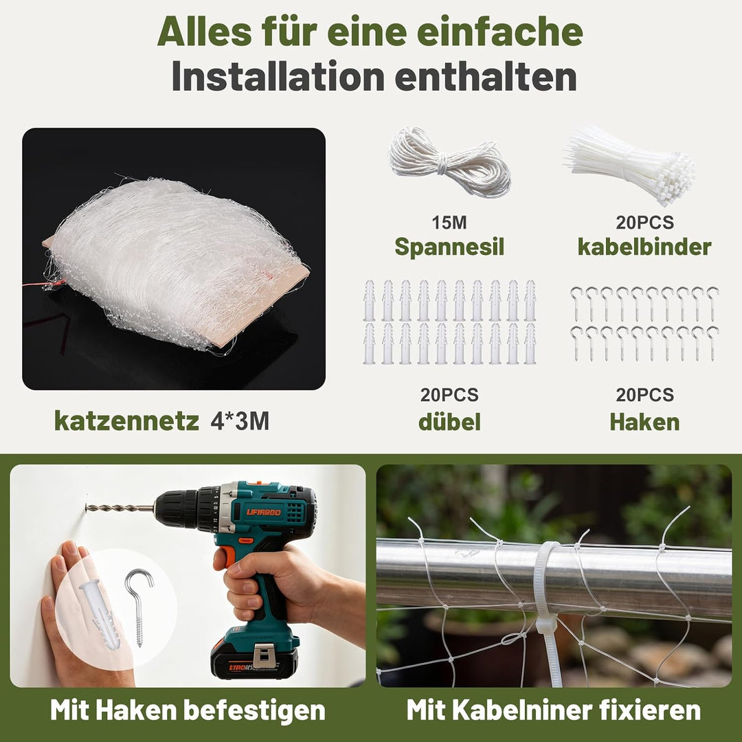 Aystkniet Katzennetz für Balkon Transparent 4 × 3M,Katzenschutznetz für Balkon mit Befestigungsseil