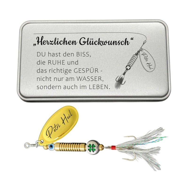 Anglergeschenk mit Gravur - Männer - Frauen - Angelköder - Angelhaken - Spinner - Glücksfisch (Herzl