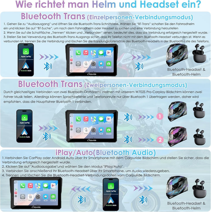 W702S Pro Motorrad Carplay Bildschirm mit BM05 Halterung für Plug-and-Play, Kabellos CarPlay & Andro