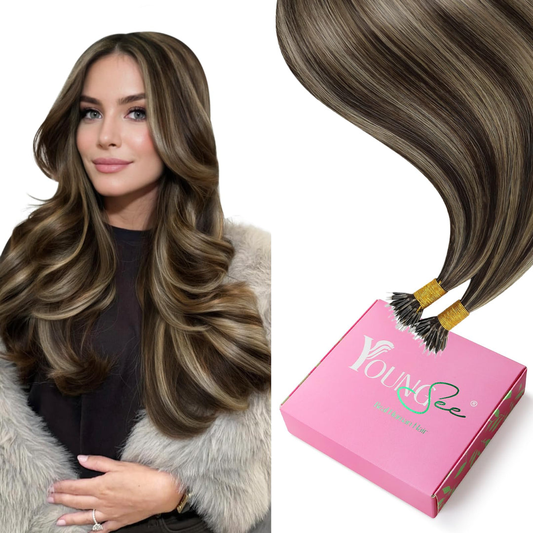 YoungSee Nanoring Extensions Echthaar Braun 45cm Nanoring Hair Extensions Dunkelbraun mit Blond Nano