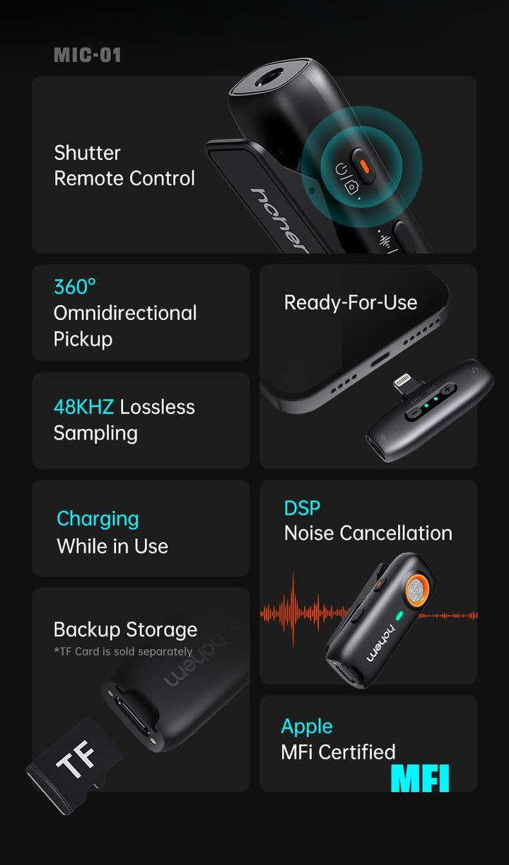hohem MIC-01 Wireless Lavalier Mikrofon für iPhone iPad, mit Geräuschunterdrückung, MFi-Zertifiziert