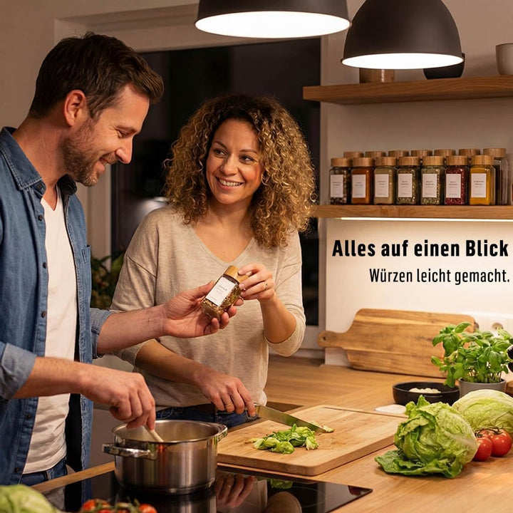 Deco haus® Gewürzgläser eckig luftdicht 12er Set [inkl. Etiketten &amp; Streueinsatz] - Gewürzdosen Set