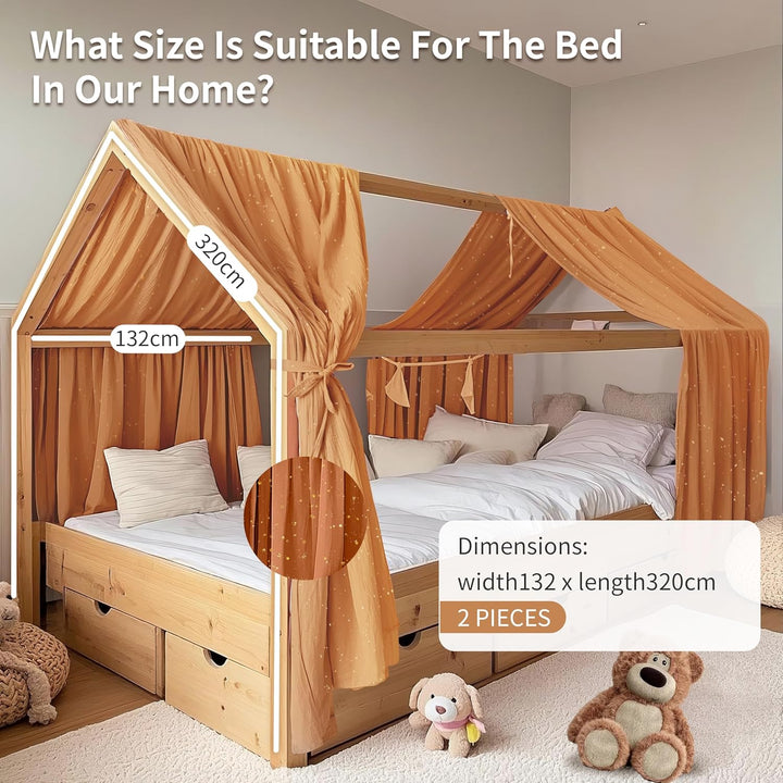 Hausbett Himmel mit Gold Applikation 2 Stück, handgefertigt aus 100% Baumwoll-Musselin, Stoffhimmel
