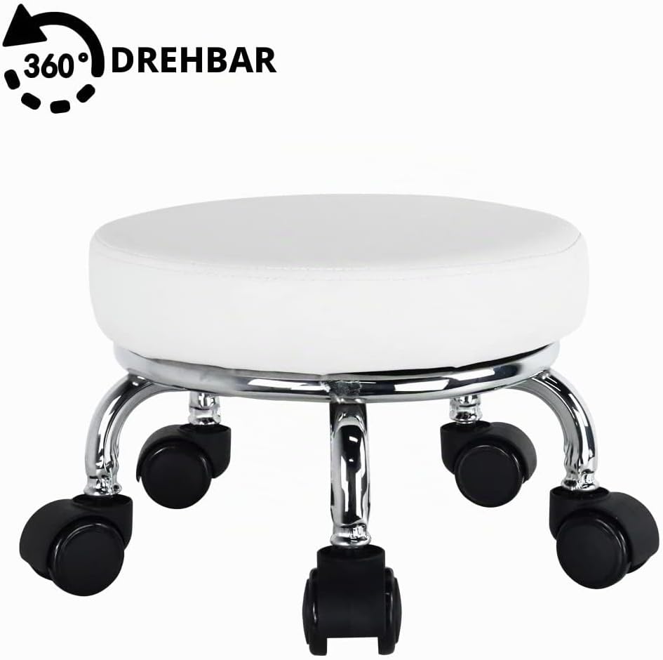 WKWKER Rollsitz PU Leder Low Round Rollhocker Kleiner Hocker mit Universal Drehrollen Rollen für Hom