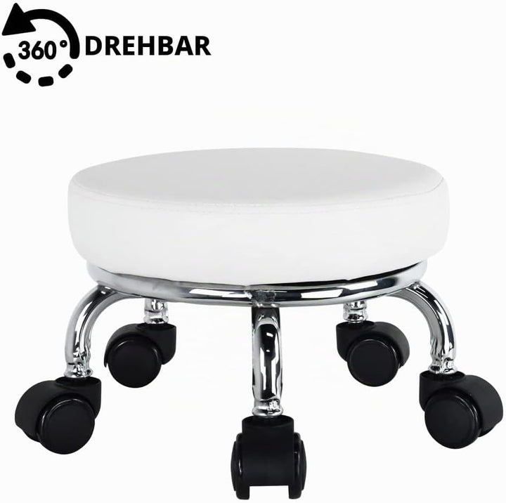 WKWKER Rollsitz PU Leder Low Round Rollhocker Kleiner Hocker mit Universal Drehrollen Rollen für Hom