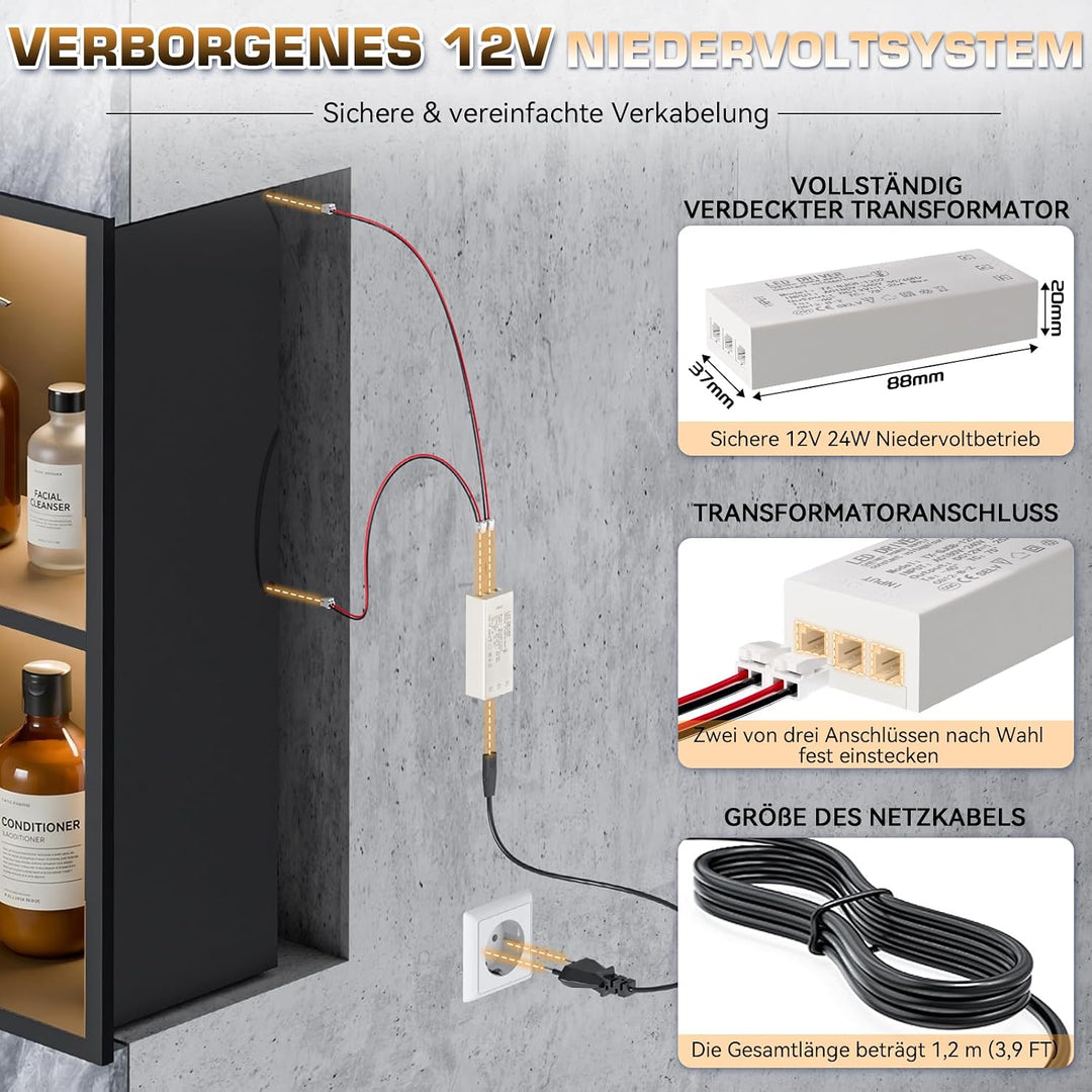60 x 30 cm Wandnische Dusche, 304 Edelstahl Eingebettete Duschnische mit LED-Beleuchtung &amp; Transform