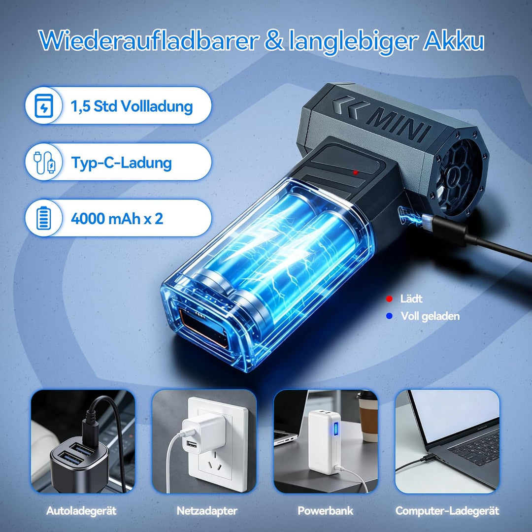 Mini Gebläse Akku, Handgebläse, 105000RPM 4-Stufen Gebläse Klein, Compressed Air Duster mit LED-Lich