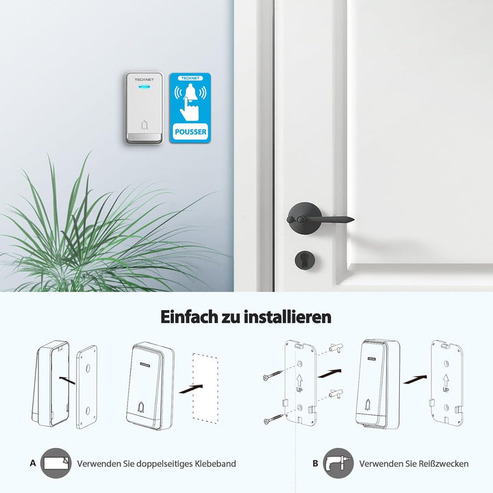 TECKNET Türklingel Batterielose, Steckdosen-Funkklingel Wasserdicht Drahtloses Funk Türklingel mit 2