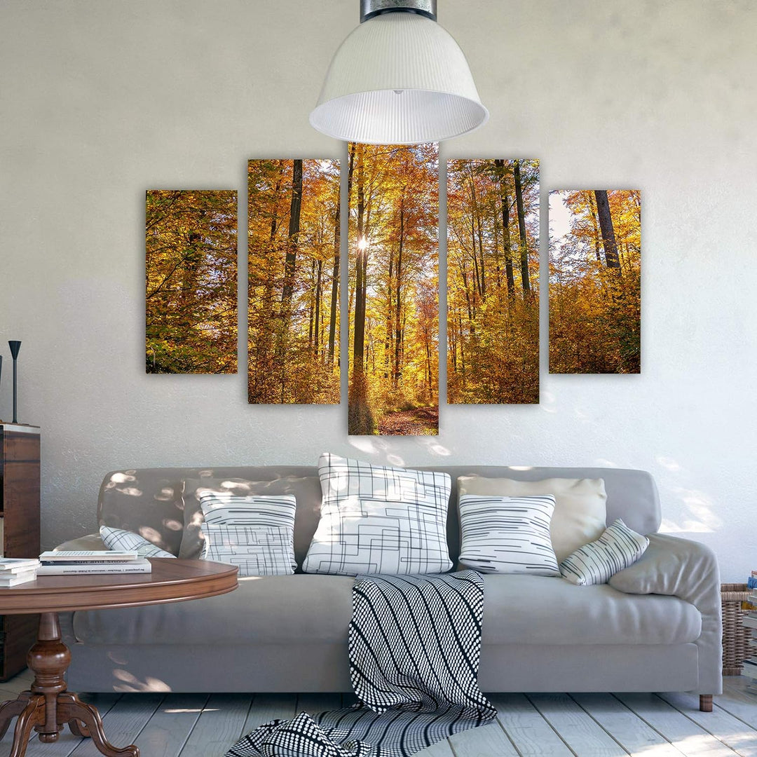 Feeby Wandbild XXL 5 Teilig Landschaft Leinwandbild Bäume Blätter Natur orange 300x140 cm Leinwandbi